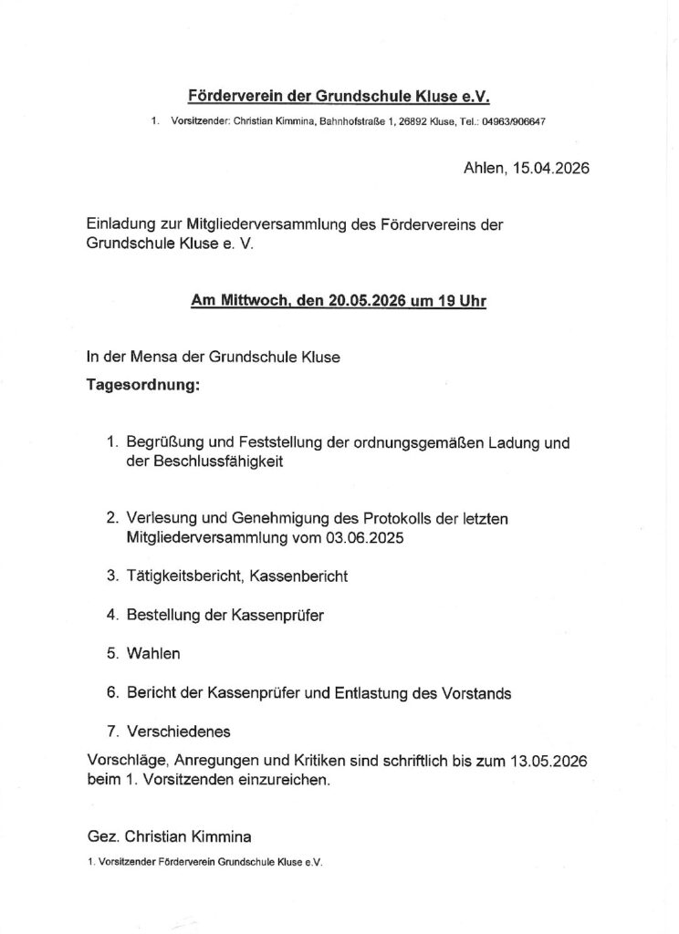 Einladung Mitgliederversammlung Förderverein der Grundschule
