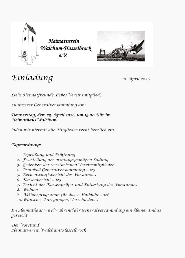 Heimatverein: Einladung zur GV