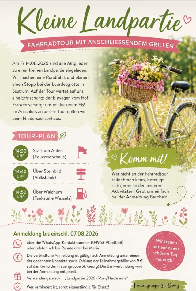 Frauengruppe St. Georg: Einladung zur kleinen Landpartie am 14. August
