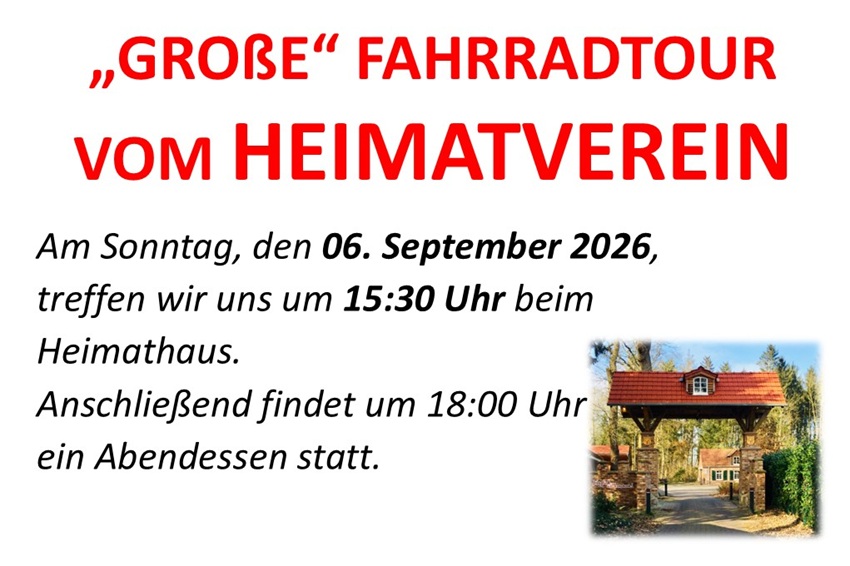 Einladung zur Fahrradtour des Heimatvereins am Sonntag, 06.09.2026, um 15:30 Uhr