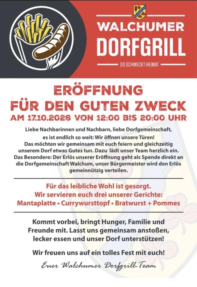 Dorfgrill Walchum: Eröffnung für den guten Zweck am 17.10.26