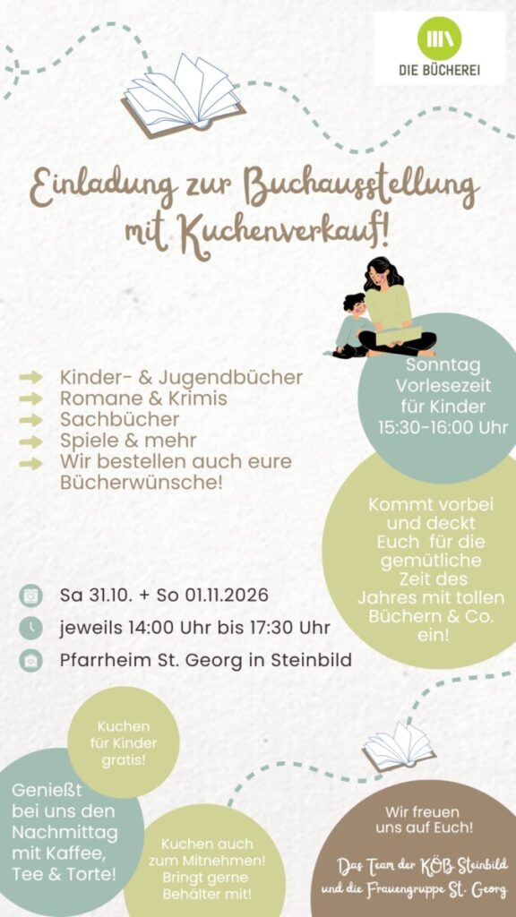 Einladung zur Buchausstellung mit Kuchenverkauf