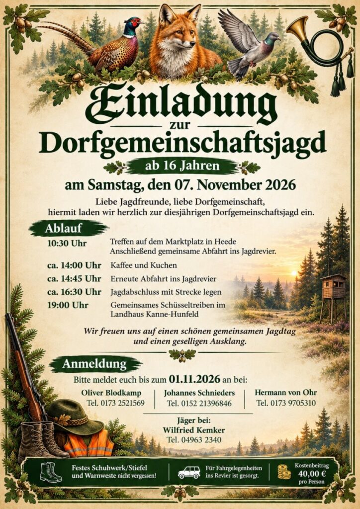 Einladung zur Dorfgemeinschaftsjagd am Samstag, 07.11.2026, um 10:30 Uhr